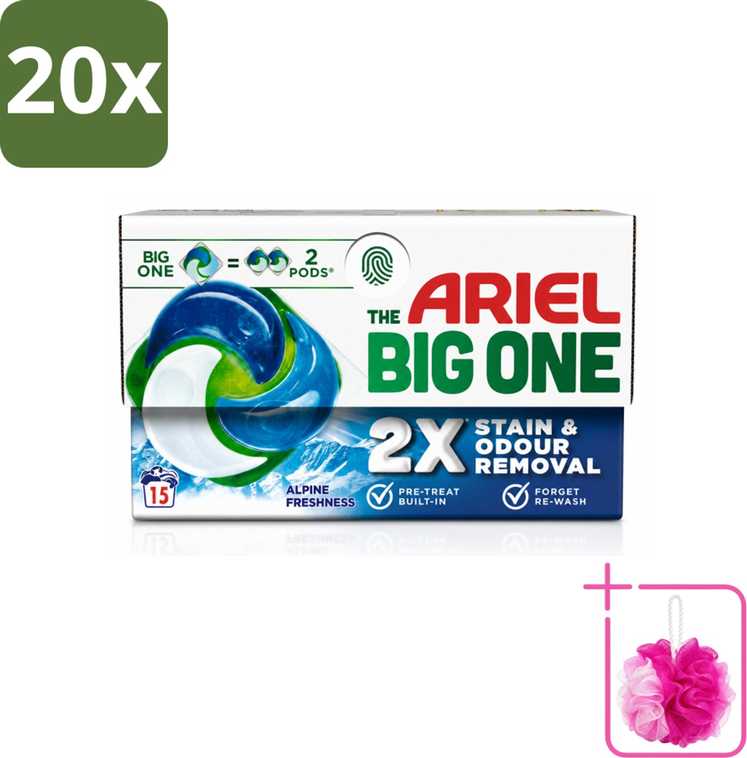 20 x Ariel - 3in1 Wasmiddel Pods - The Big One - Alpine - 15 Pods - Bulkverpakking - Wasmiddel - Douchemop - Wasmiddelpod