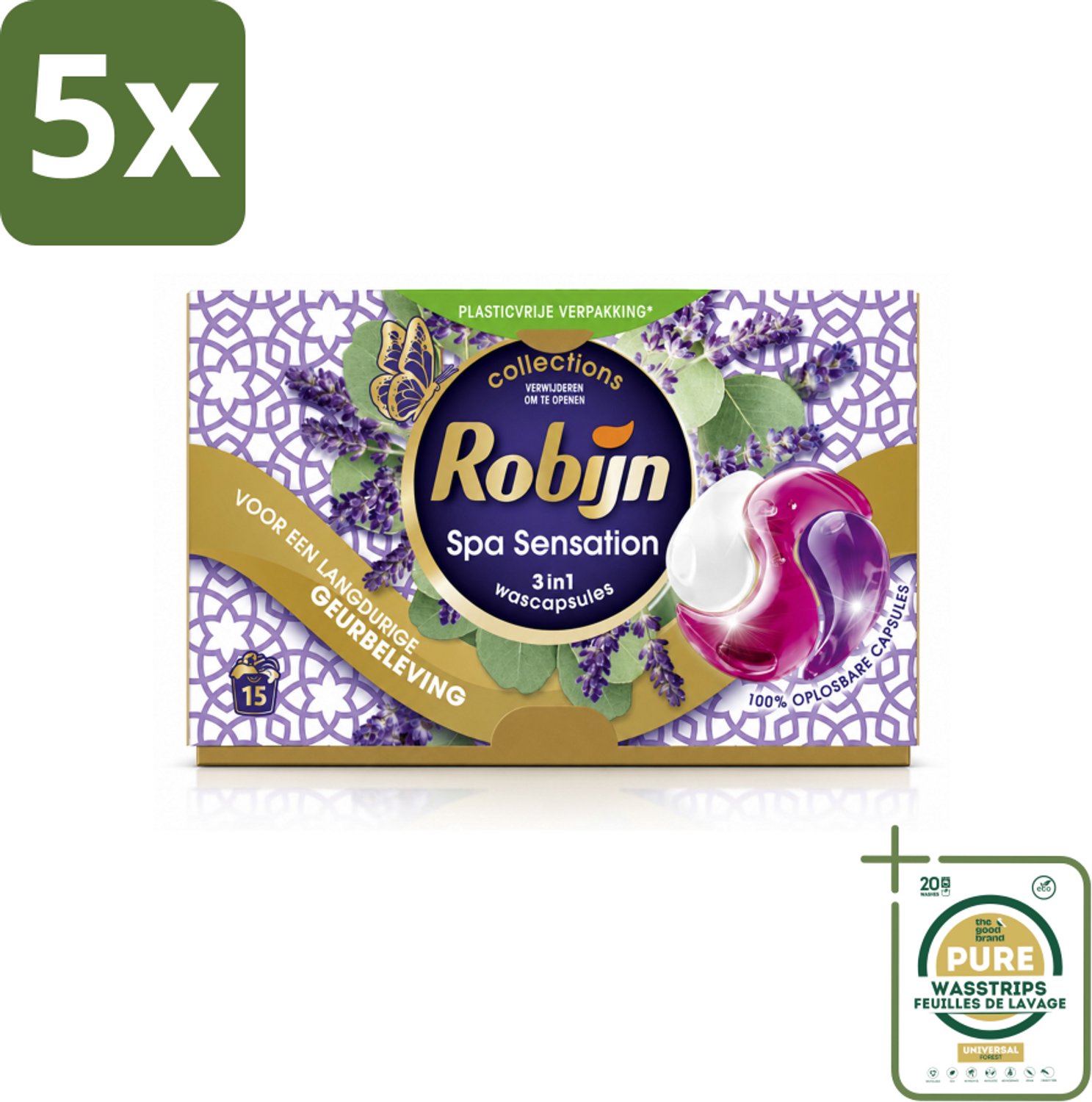 5 x Robijn - 3-in-1 Spa Sensation - Wascapsules - 15 Wasbeurten - Wasstrips - 3-in-1 Wascapsules - Wasmiddel Voor Gekleurde Was - Geur Voor Was - Wascapsules Spa Sensation - Biologisch Afbreekbare Wasmiddel