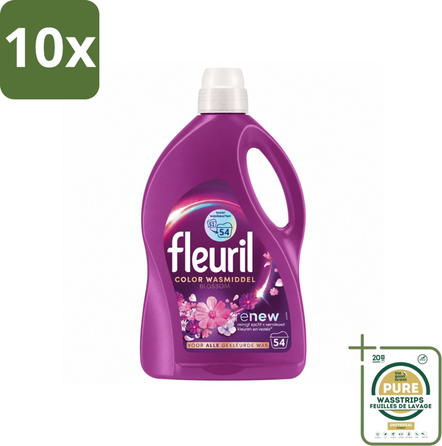 10 x Fleuril - Wasmiddel - Color Blossom Vloeibaar Wasmiddel - Kleurbehoud & Bloemige Geur - 54 wasbeurten - Wasstrips - Kleurbehoud - Bloemige Geur - Wasmiddel - Vloeibaar Wasmiddel - Gekleurde Was