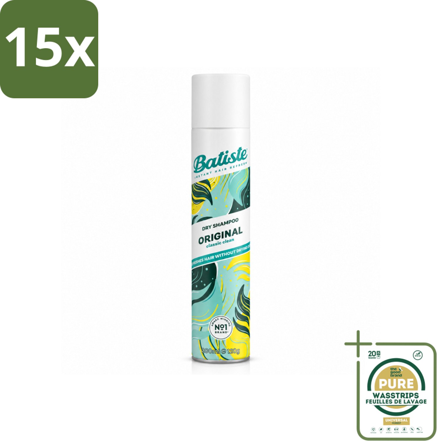 15 x Batiste - Original - Droogshampoo - Klassieke Frisse Geur - Geeft Volume en Textuur - 200ml - Wasstrips - Droogshampoo - Haar Reinigen - Vet Haar - Haar Volume - Haar Frisheid