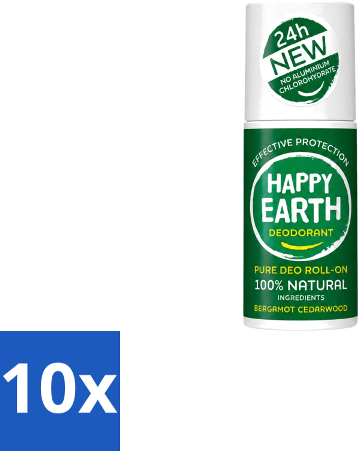 10 x Happy Earth – Deodorant Roll-On – 100% Natuurlijk Bergamot Cedarwood – 75 ml - Voordeelverpakking - 10 stuks