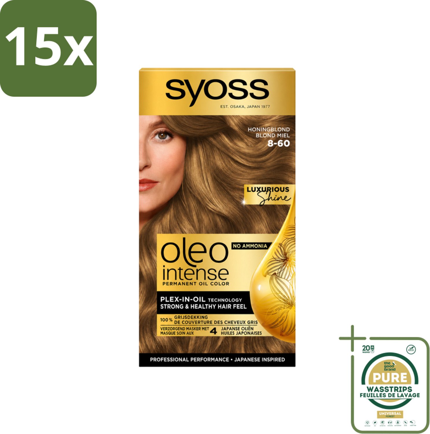 15 x SYOSS - Oleo Intense 8-60 Honing Blond - Haarverf - Zonder Ammoniak - Grijsdekking - Langdurige Kleur - Wasstrips - Haarverf Zonder Ammoniak - Haarkleur Permanent - Grijsdekking - Haarverf 8-60 Honingblond - Haarverf Met Olieformule