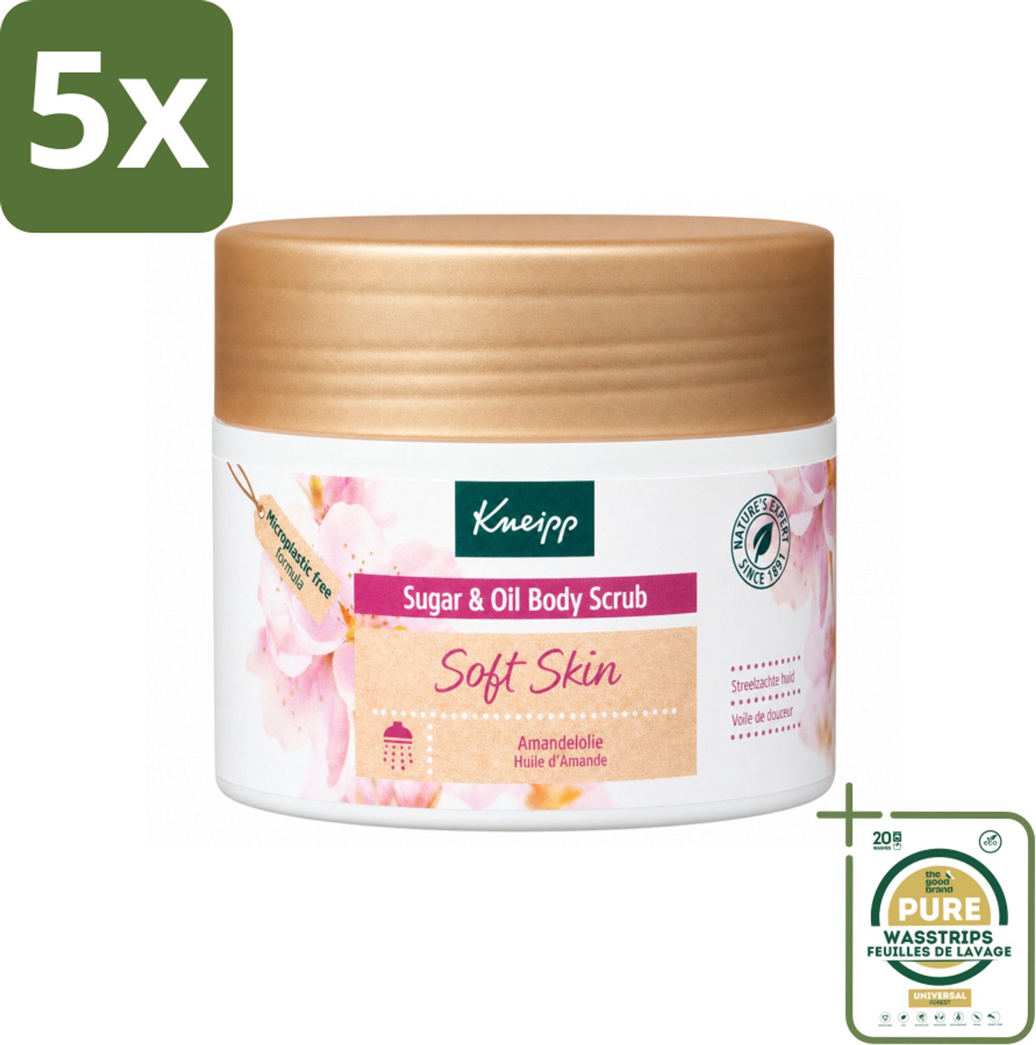 5 x Kneipp - Body scrub - Sugar & Oil - Soft Skin - Voor droge en gevoelige huid - 220 g - Wasstrips - Huidverzorging - Huidpeel - Suikerpeel - Amandelolie - Droge Huid