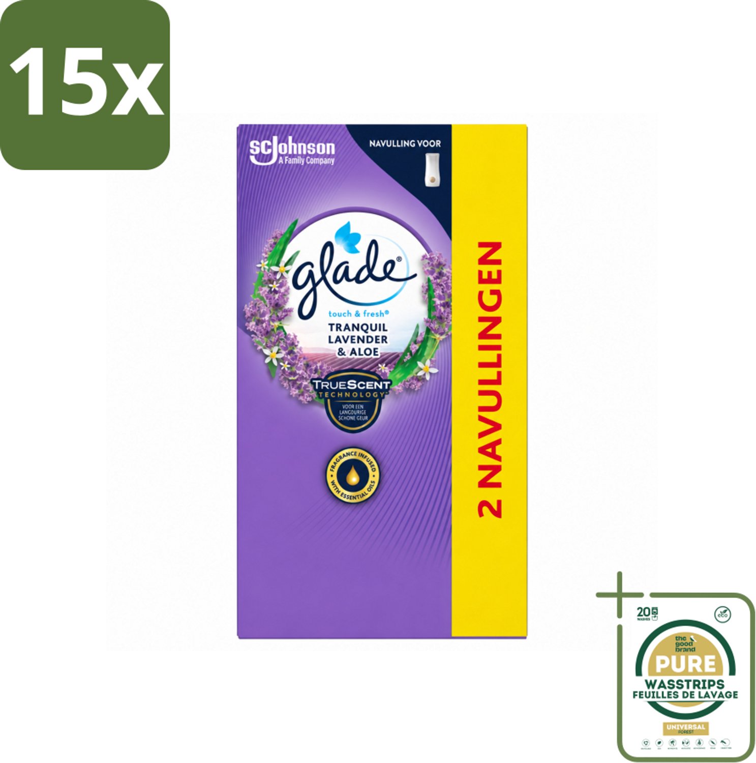 15 x Glade - Touch & Fresh Navulling - Tranquil Lavender & Aloë - 2 × 10 ml - Wasstrips - Luchtverfrisser - Lavendel - Geur - Ontspanning - Geurverspreiding