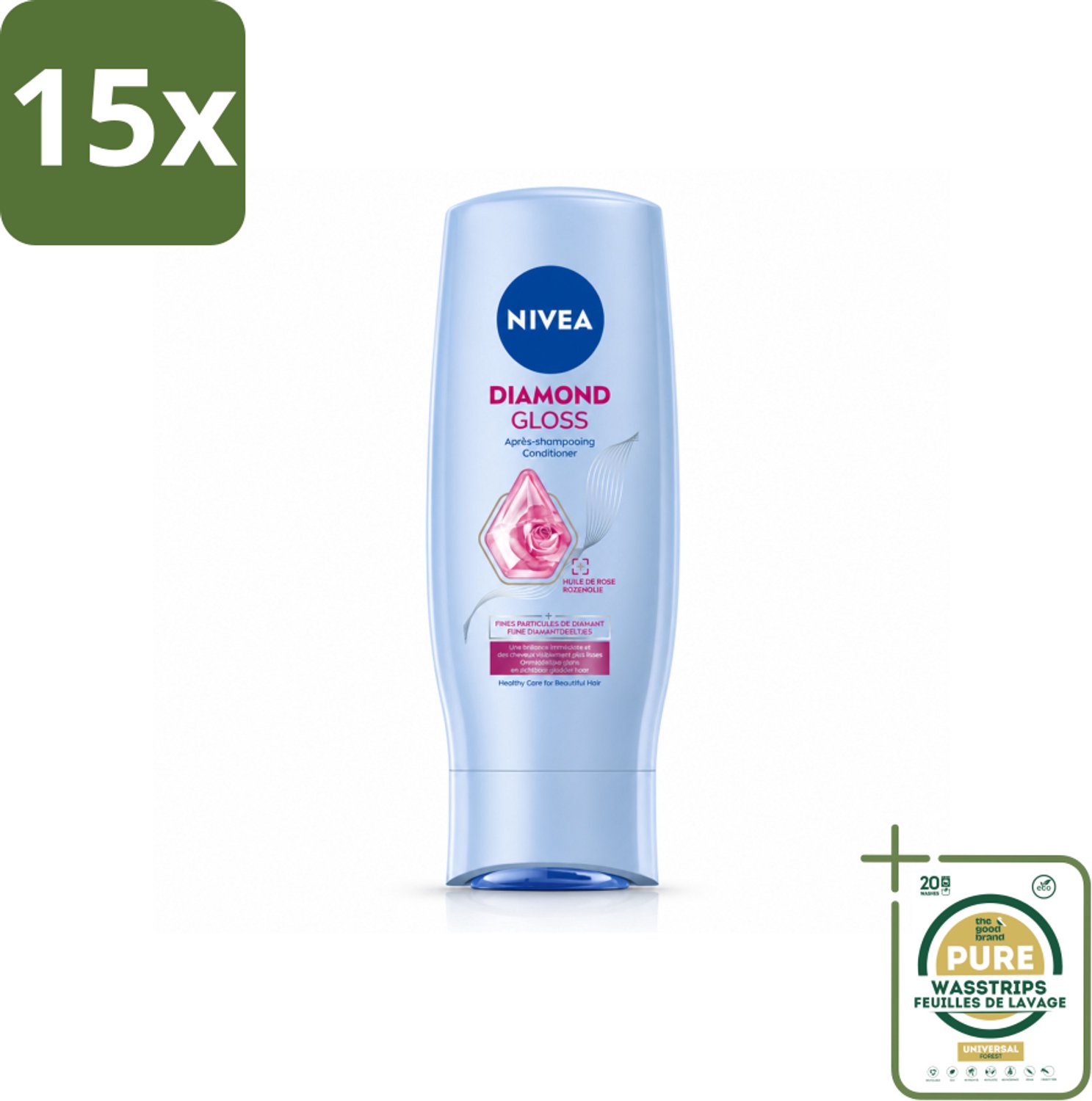 15 x NIVEA - Diamantglans Conditioner - Crèmespoeling - Voor Glans - 200 ml - Wasstrips - Diamantglans Haar - Haar Verzorging - Haar Crèmespoeling - Glans Haar - Zachte Haar