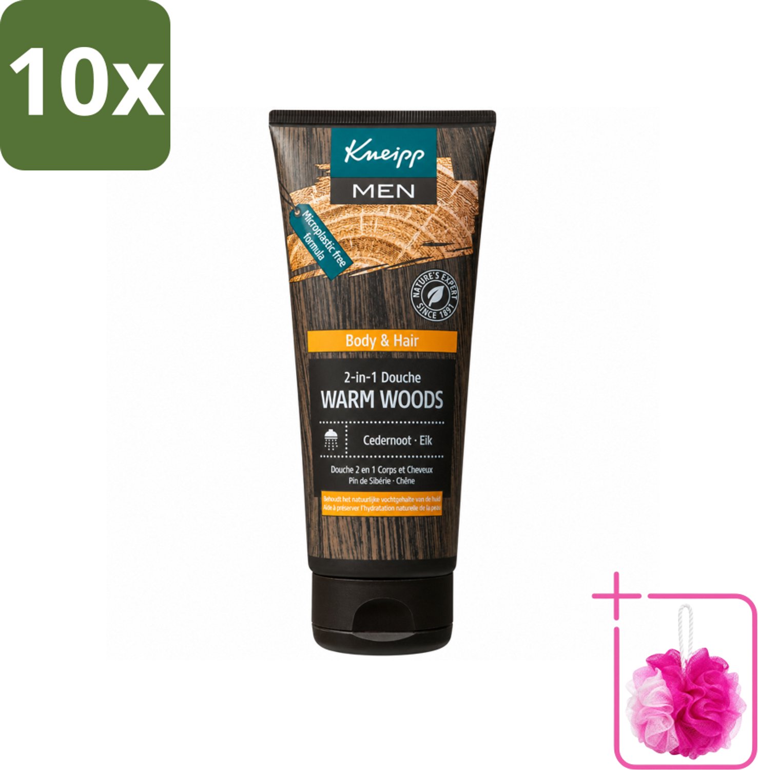 10 x Kneipp - Douchegel - Men - Warm Woods - 2-in-1 - 200 ml - Bulkverpakking - Douchegel voor mannen - Douchemop - Natuurlijke verzorging