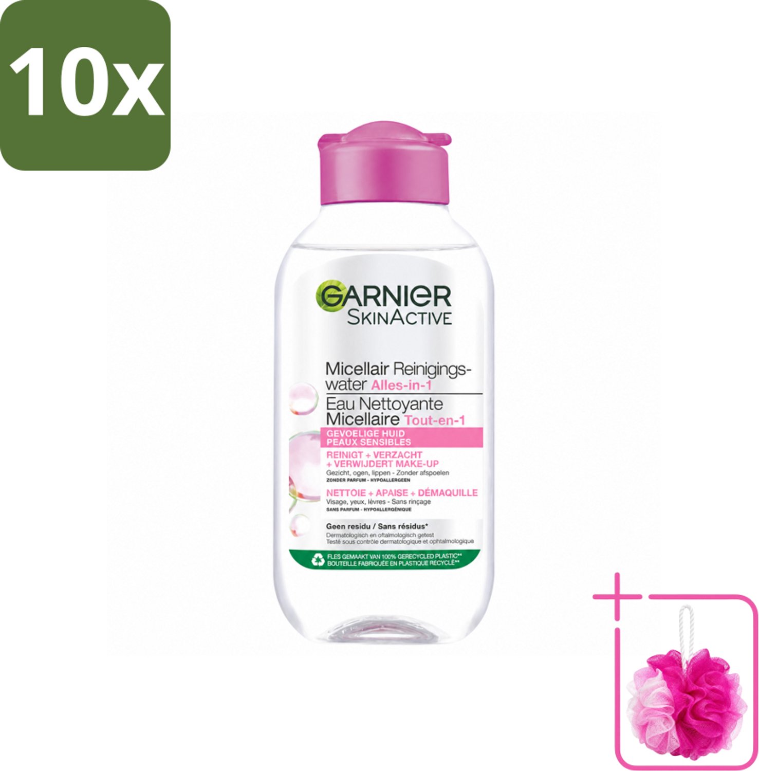 10 x Garnier - SkinActive - Micellair Reinigingswater - Gevoelige Huid - Reisformaat - 100 ml - Bulkverpakking - Micellair reinigingswater - Douchemop - Gevoelige huid