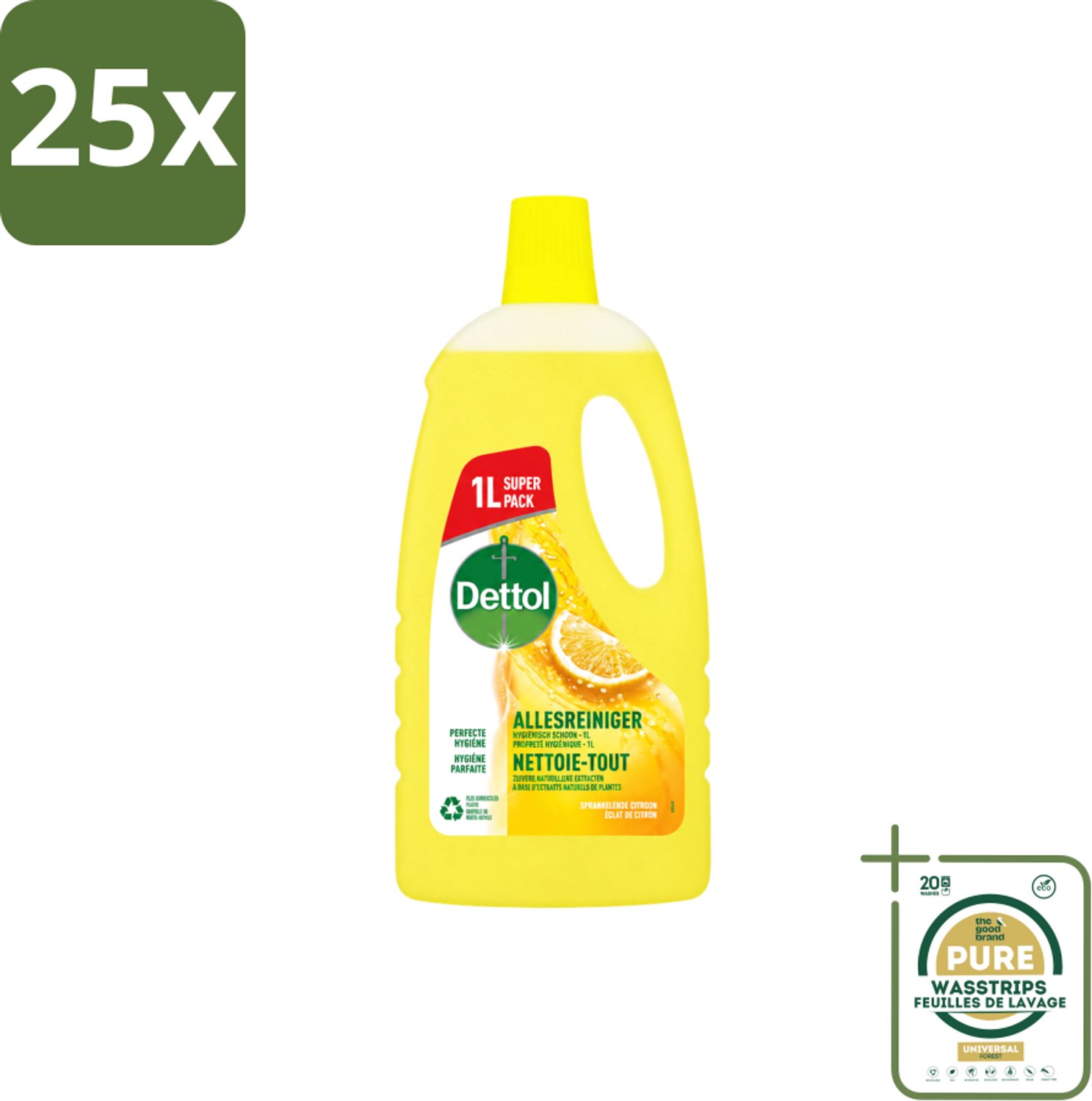 25 x Dettol - Allesreiniger - Citroen - Hygiënisch Schoon - 1 liter - Wasstrips - Allesreiniger Citroen - Hygiëne - Schoonmaak - Geur - Vloer