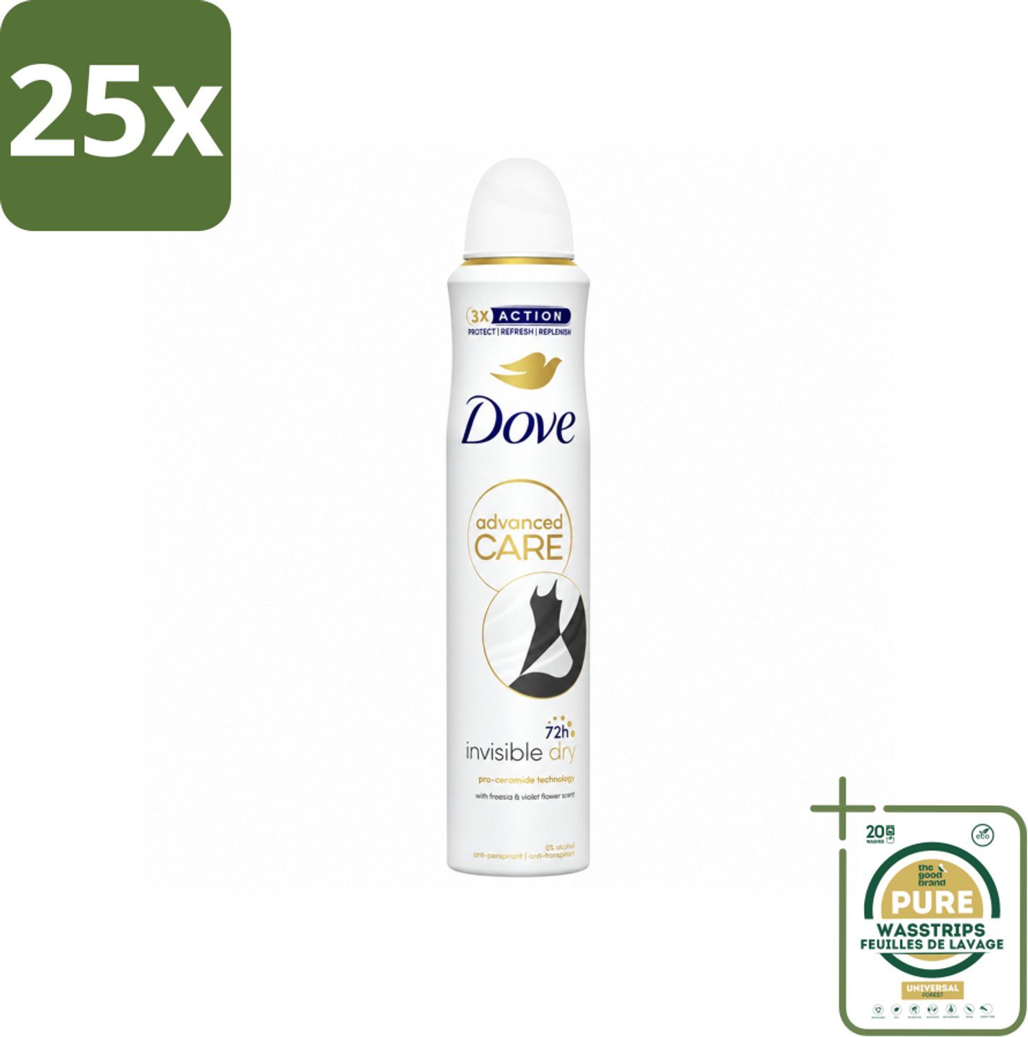 25 x Dove Deodorant Spray - Invisible Dry - 200 ml - Wasstrips - Deodorant Spray - Onzichtbare Bescherming - Anti-Sweat - Geur - Okselbescherming