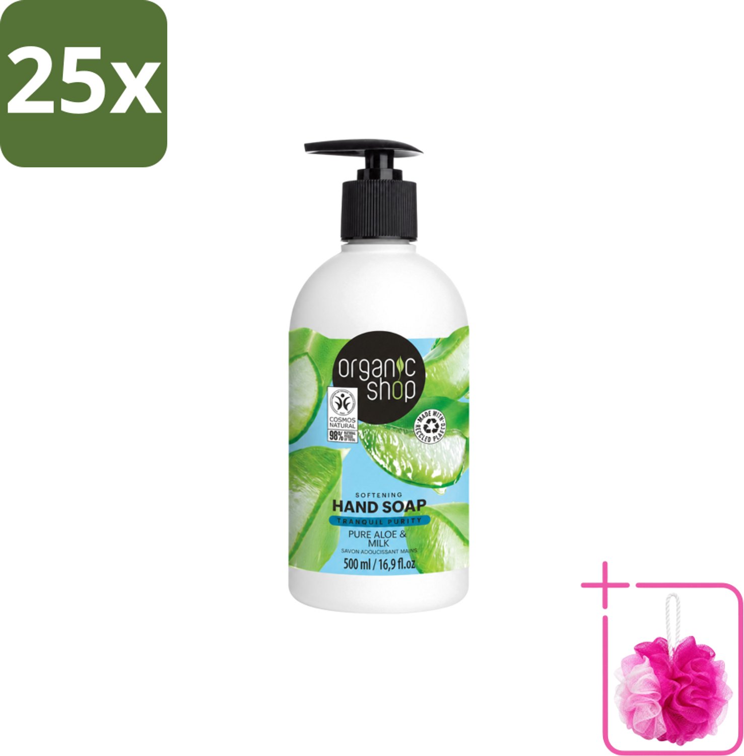 25 x Organic Shop - Handzeep Aloe & Milk - Verzachtend en Hydraterend - 500 ml - Bulkverpakking - Handzeep - Douchemop - Natuurlijke handzeep