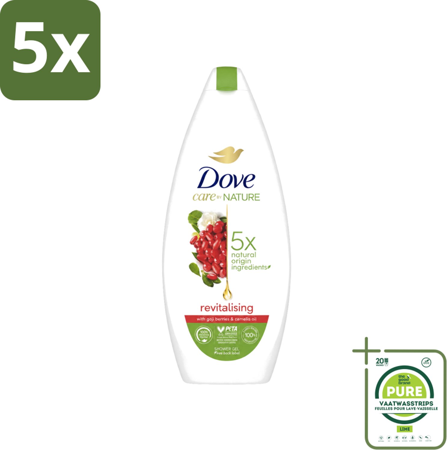 5 x Dove - Douchegel - Revitalising - Verfrissend - 225 ml - Grootverpakking - Vaatwasstrips - Douchegel - Huidverzorging - Verfrissend - Revitaliserend - Hydraterend