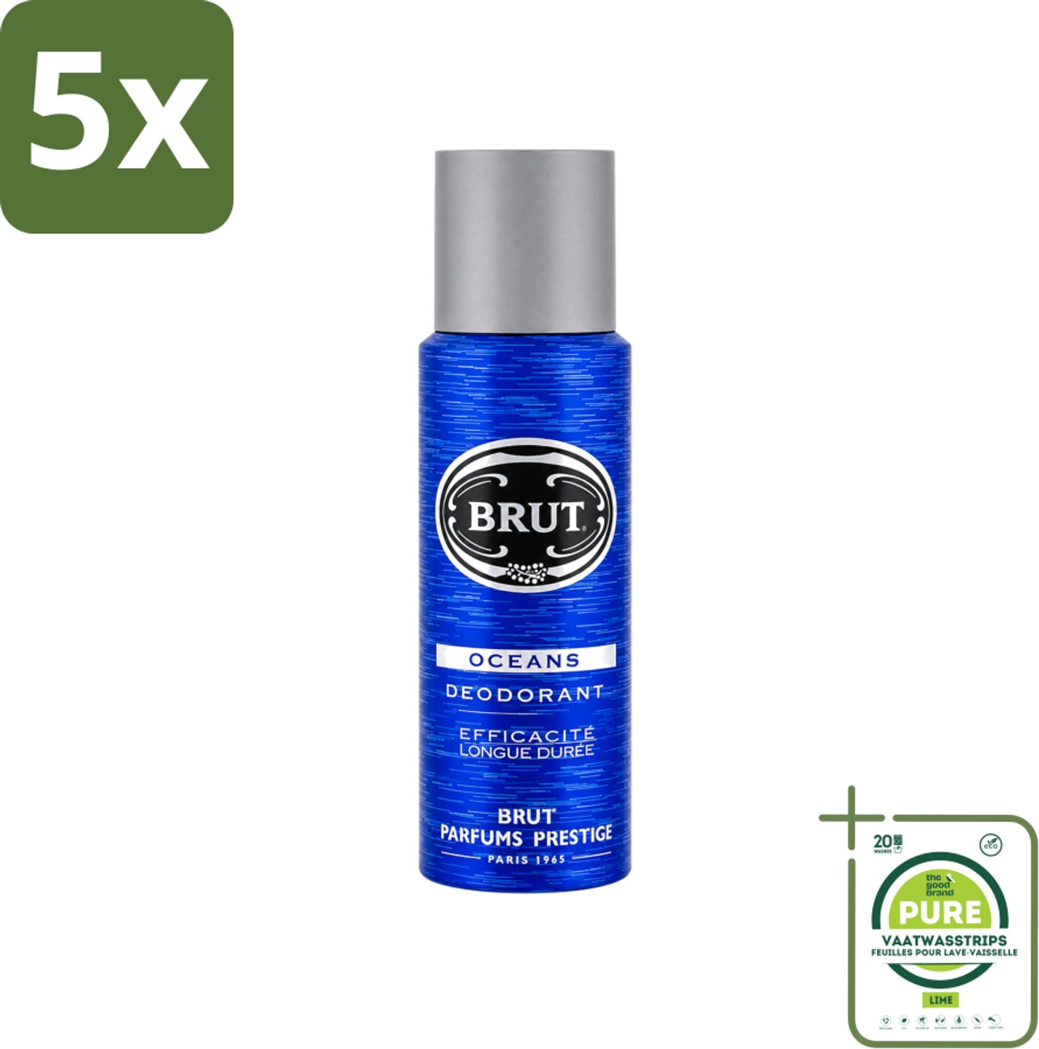 5 x Brut - Deodorant - Spray - Oceans - Fris & maritiem aroma - 200ml - Grootverpakking - Vaatwasstrips - Deodorant Spray - Fris - Maritiem - Oceaangeur - Zweetbevochtiging
