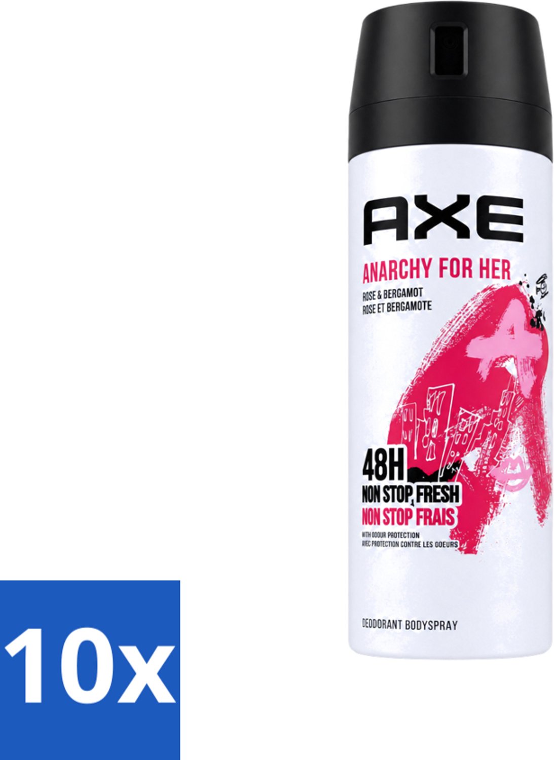 10 x Axe - Deodorant Bodyspray - 48hrs Non Stop Fresh - Anarchy For Her - Rose & Bergamot - 150 ml - Voordeelverpakking - 10 stuks
