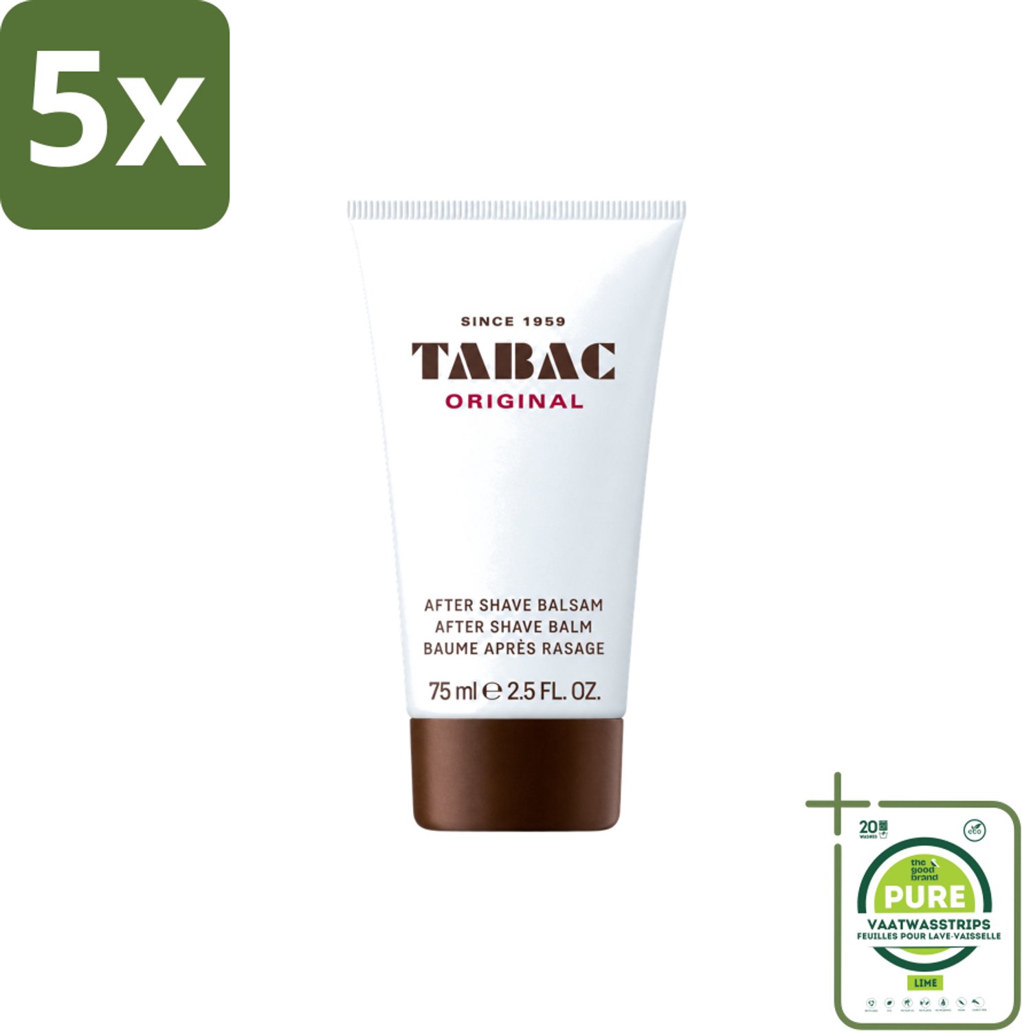 5 x Tabac Original Men - Aftershave Balsem - Verzachtend - 75 ml - Grootverpakking - Vaatwasstrips - Aftershave Balsem - Huid Verzorgen - Huid Kalmeren - Huid Hydrateren - Droge Huid