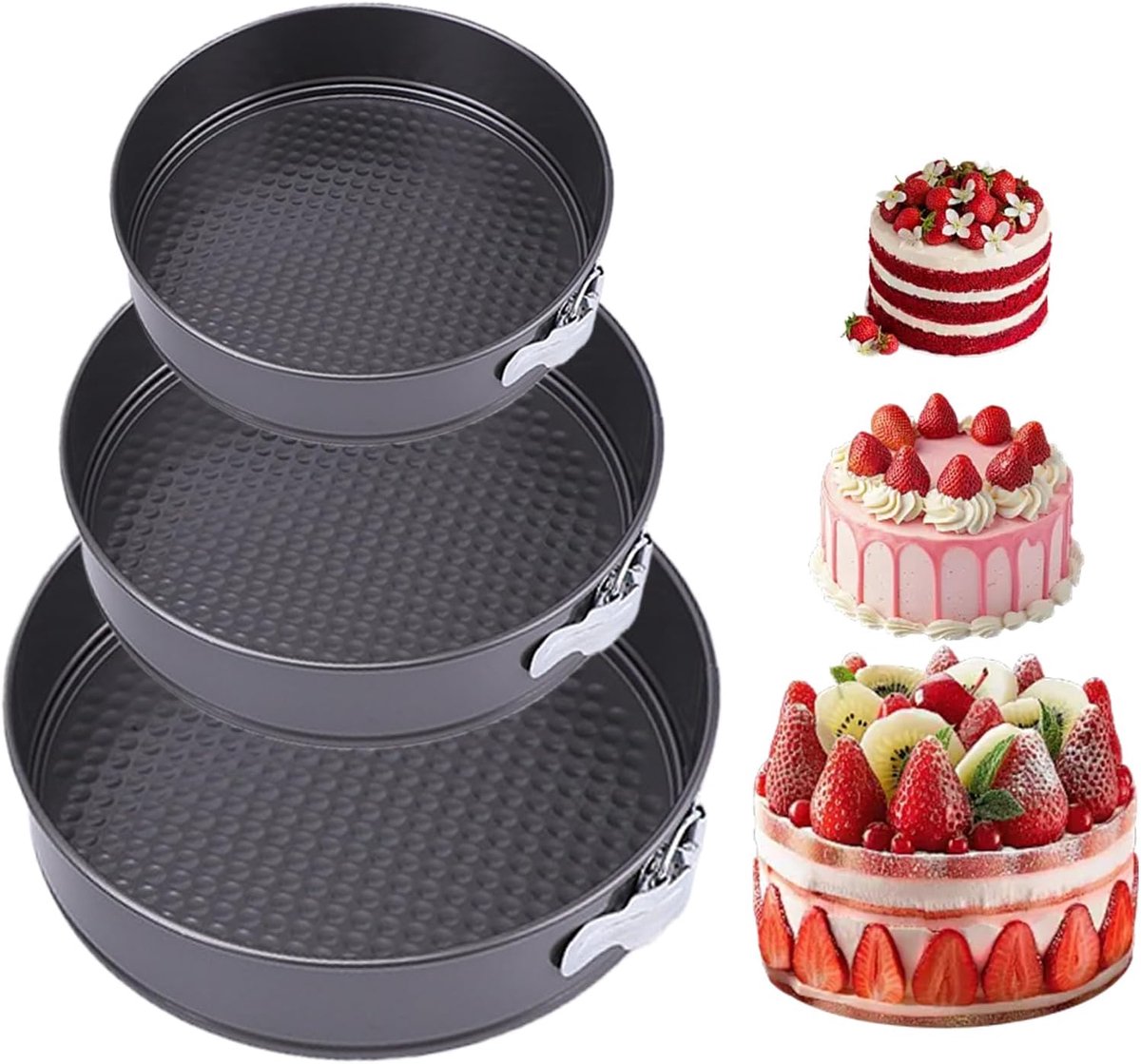 SnelShoppen - 3-delige Zwarte Springvorm Set 20/22/24 cm - Ronde Bakvormen met Antiaanbaklaag - Perfect voor Taarten, Gebak en Hartige Gerechten