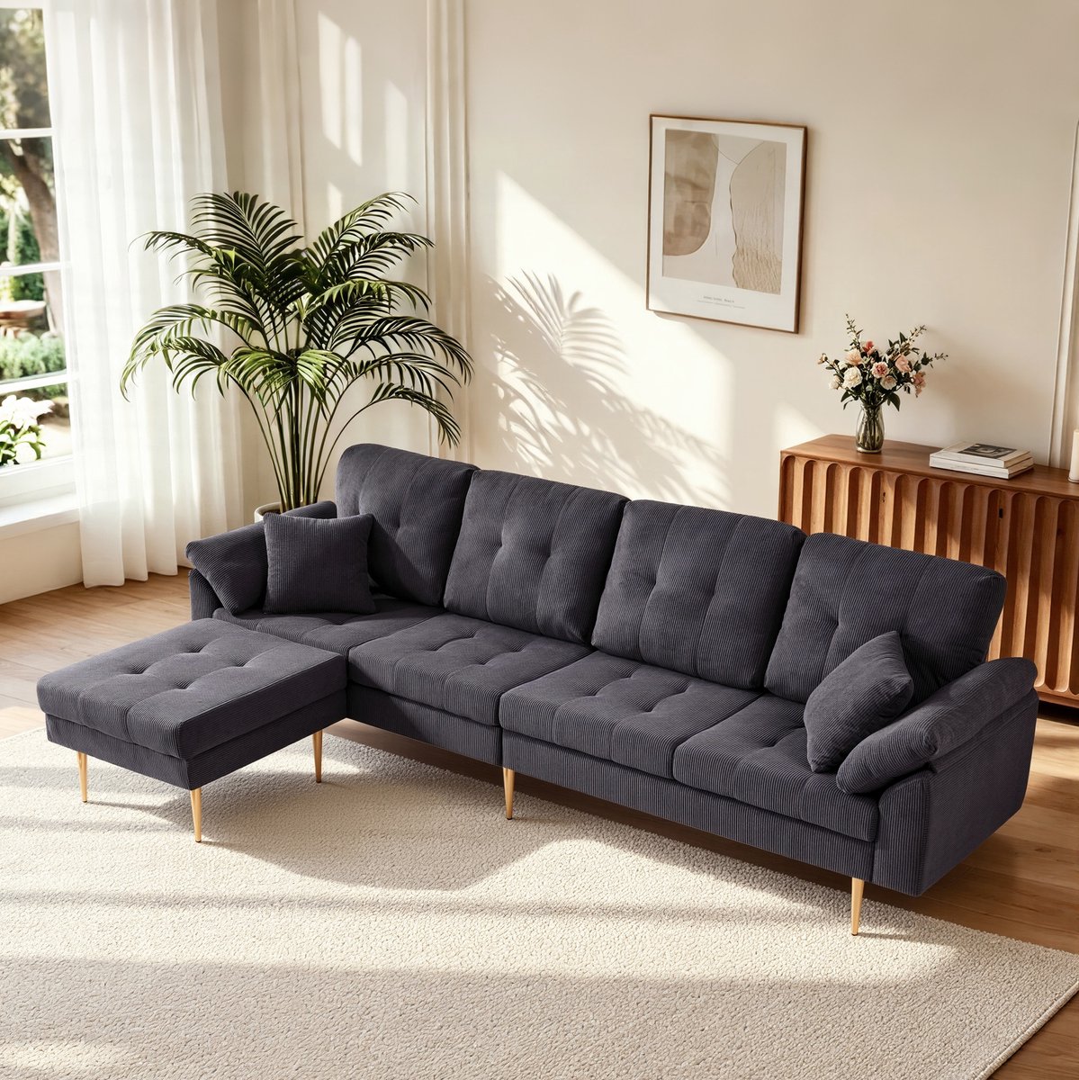 STILVORA Hoekbank 250 Cm - 4-Zits Met Verplaatsbare Hocker En Hoge Metalen Poten - Voor Woonkamer - Ribstof Donkergrijs