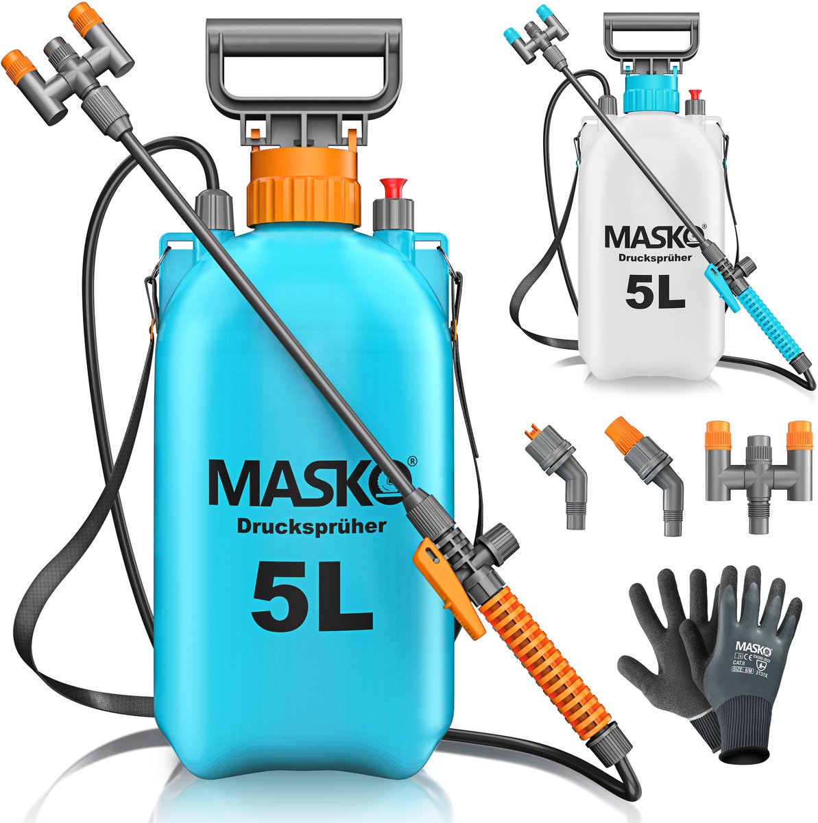 MASKO® Drukspuit - Zuurbestendig met verstelbare sproeiers - 1,3 m slang en draagriem - 3 liter lichtblauw