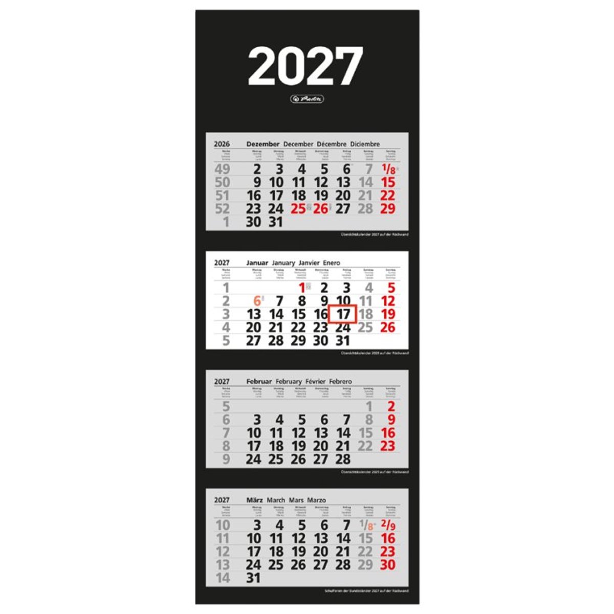 herlitz 4-maandswandkalender, 330 x 900 mm, rood/zwart