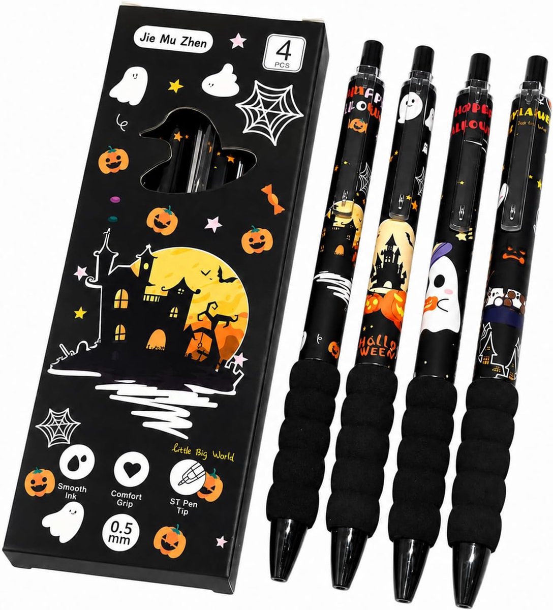 Balpennen voor Halloween, 4 stuks, seizoensgebonden motieven in zwart, comfortabele pen voor school en kantoor - ShopVlot
