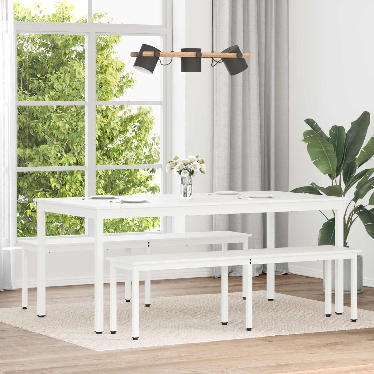 Houten eettafel, wit, 180 x 90 x 75 cm, van grenenhout met metalen poten, voor eetkamer en keuken, moderne tafel in houtlook, eenvoudige montage en onderhoudsvriendelijk