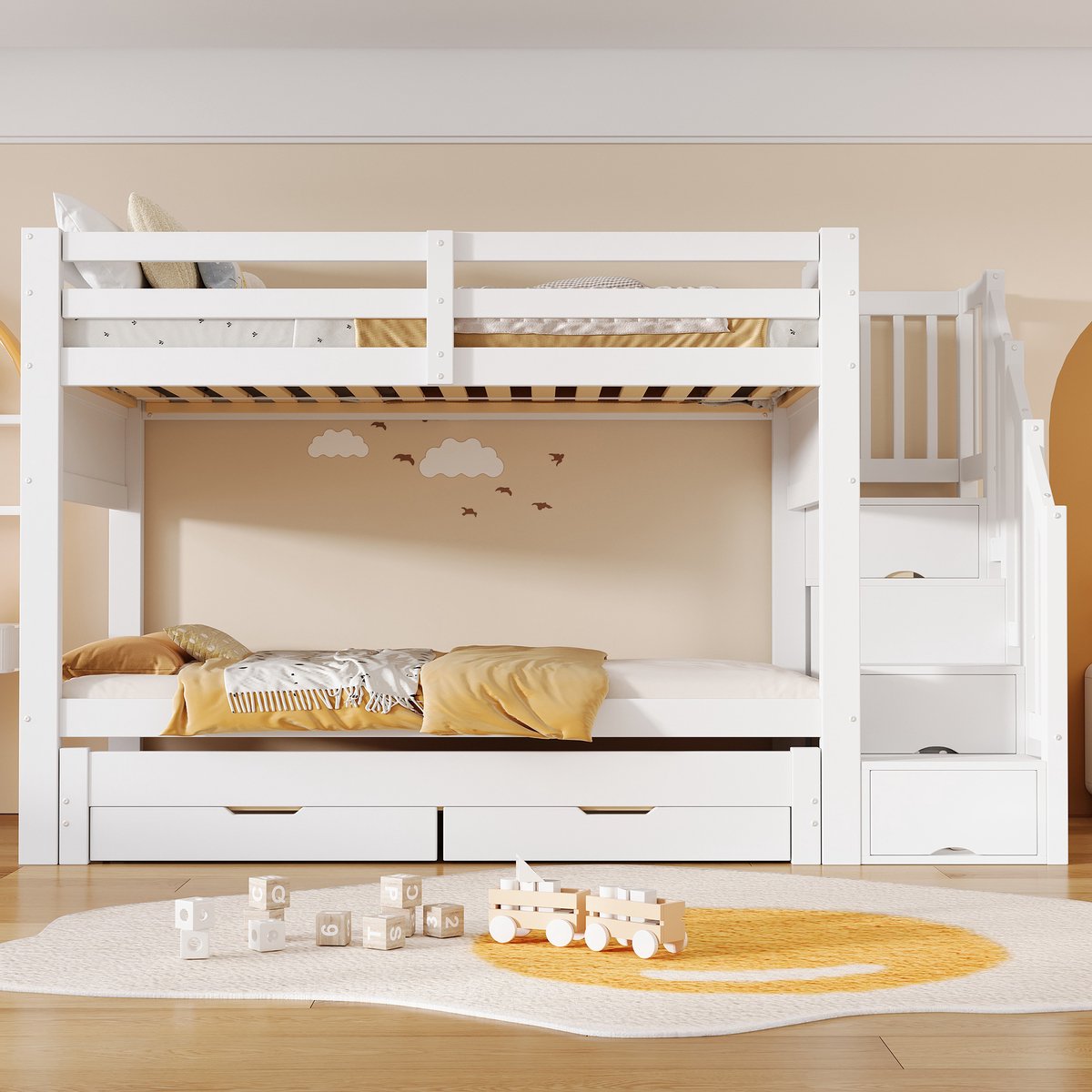 STILVORA Stapelbed 90x200 cm – Met Uitschuifbed & 2 Lades – Opbergtrap Met Kledingkast – Kinderkamer – Hout En MDF – Wit – Zonder Matras