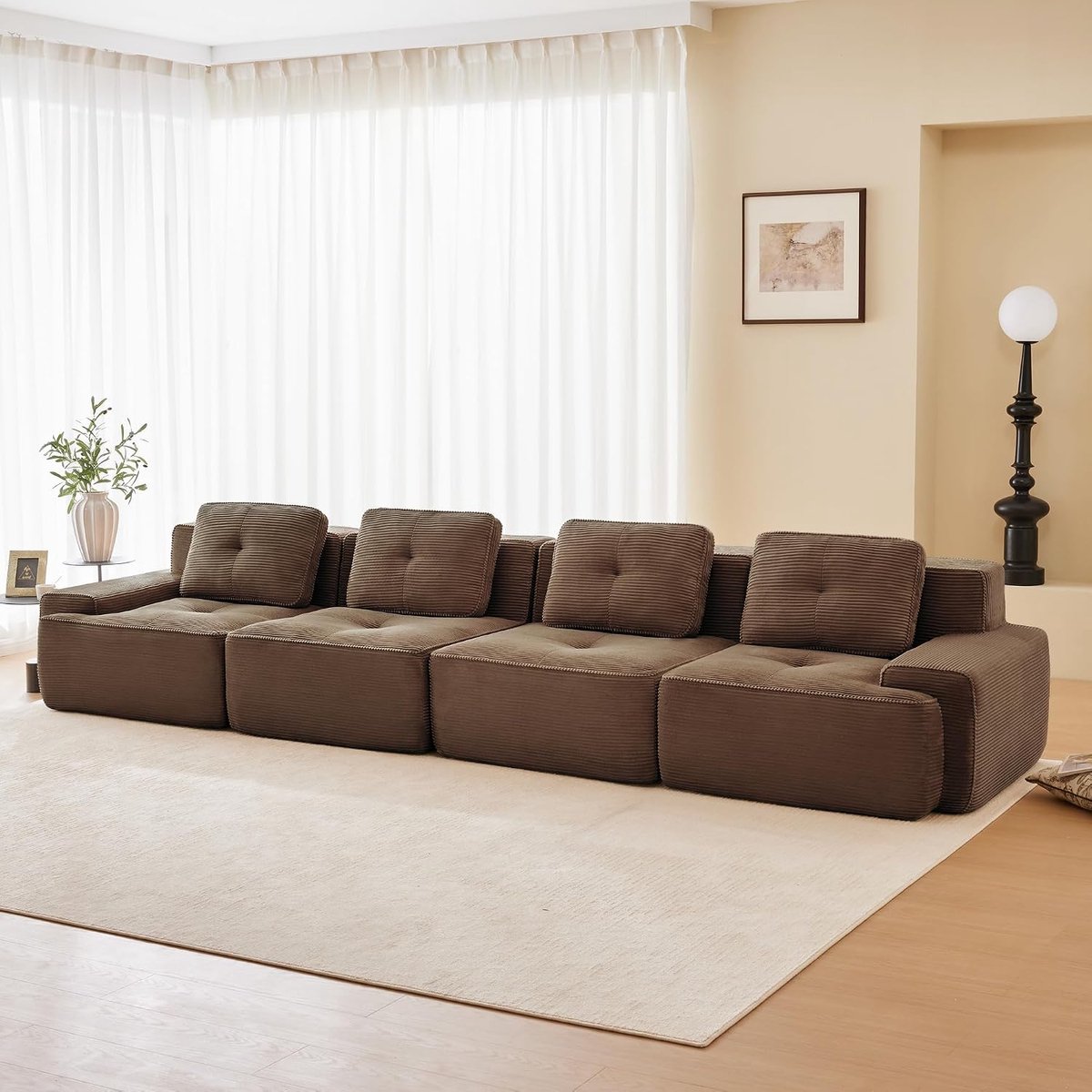 Bank, 4-zits, modern, pluche, zonder montage, zacht, zeer elastisch schuim voor woonkamer, XXL lage bank, bruin, 4-zits (bruin, 4 stuks)