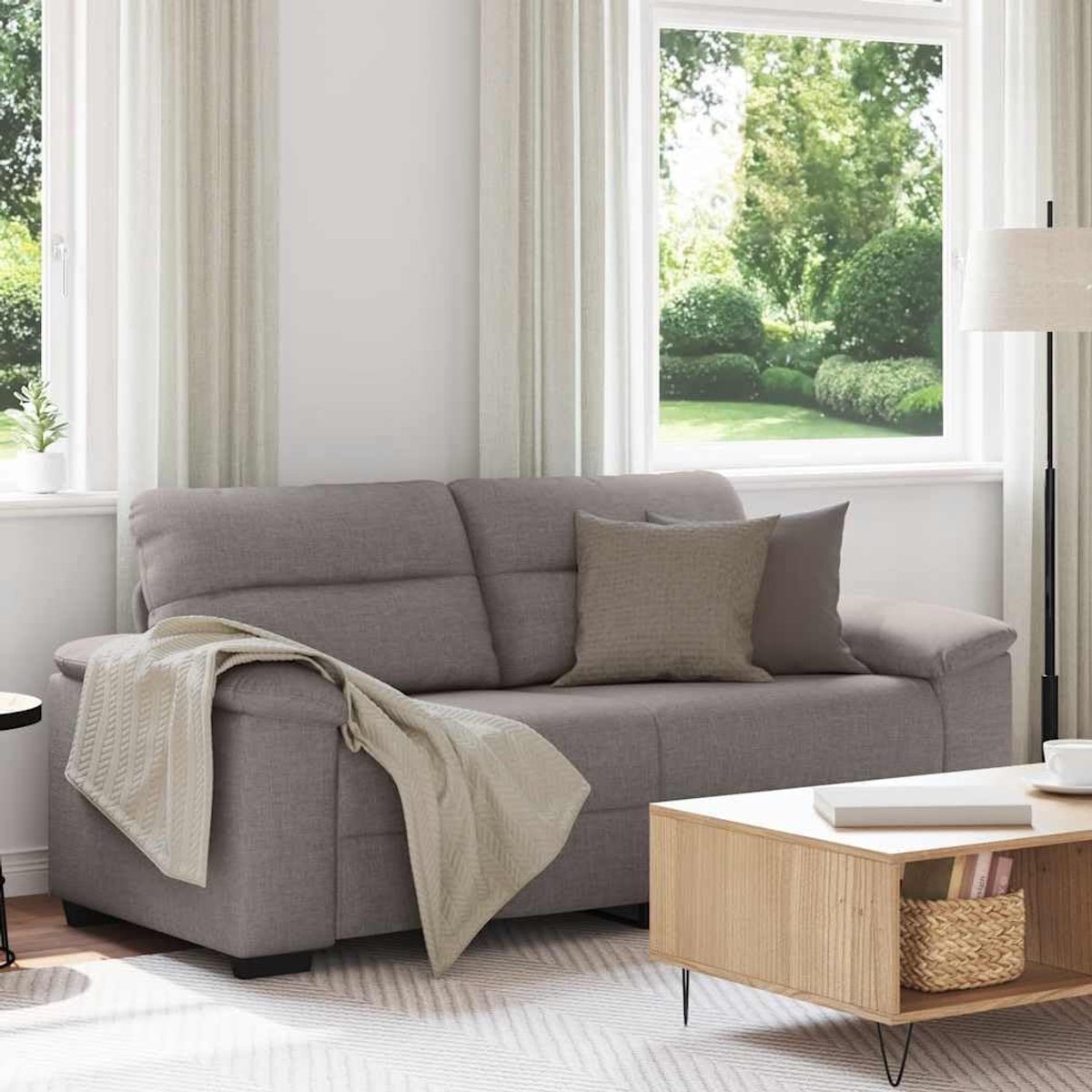 2-zitsbank, taupe, 180 x 81 x 84 cm, stoffen bank, tweezitsbank, met brede armleuningen en robuust houten metalen frame, voor woonkamer en kantoor