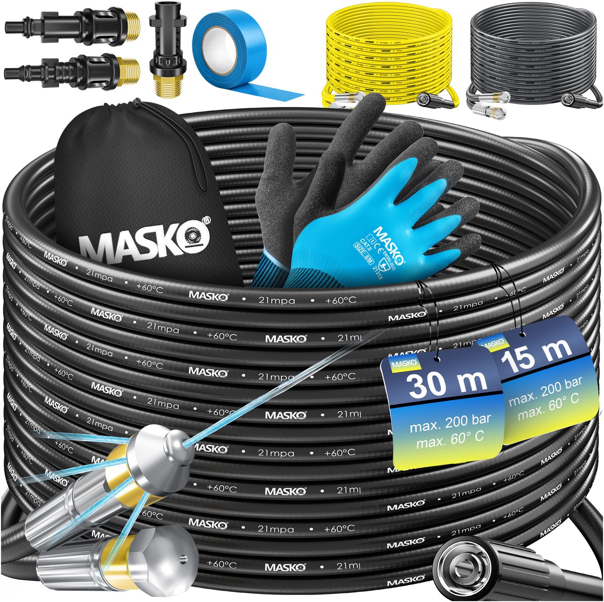 MASKO Rioolreinigingsslang 15 m 200 bar - Afvoerreiniger Set met 3 Adapters en 2 Sproeikoppen voor Kärcher K2-K7 en Lavor Hogedrukreiniger - Antraciet