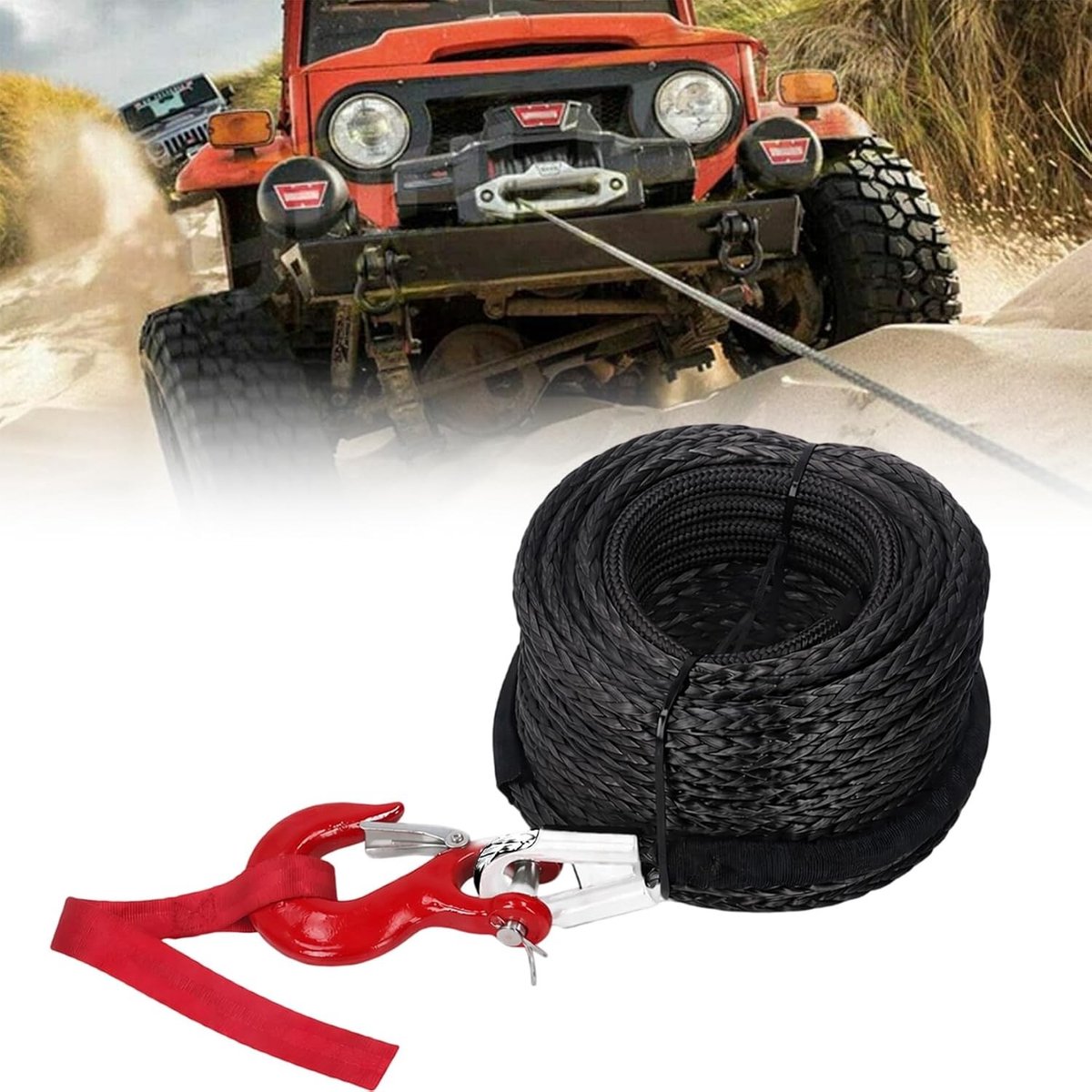 Duurzame 8mm x 15m Sleepkabel, 12-Strand Synthetic Rope met Beschermhoes en Haak, Ideaal voor ATV, UTV en Boot met een Maximale Trekcapaciteit van 6000kg