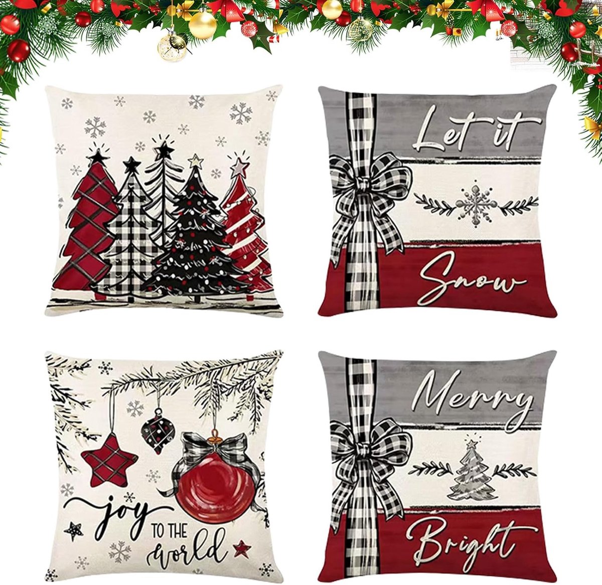 Kerst Kussenhoezen 45 x 45 cm met Sneeuwman, Handschoenen en Eucalyptus Patroon voor Feestelijke Woondecoratie