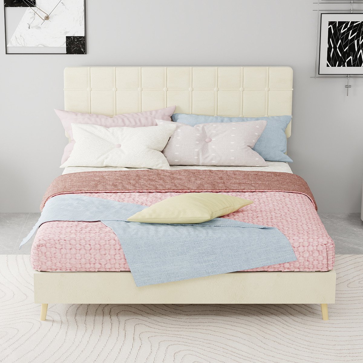 AURA LUMEN Gestoffeerd bed-Twijnfelaarbed-140 x 200 cm-Plaid hoofdbord-Velvet-Beige