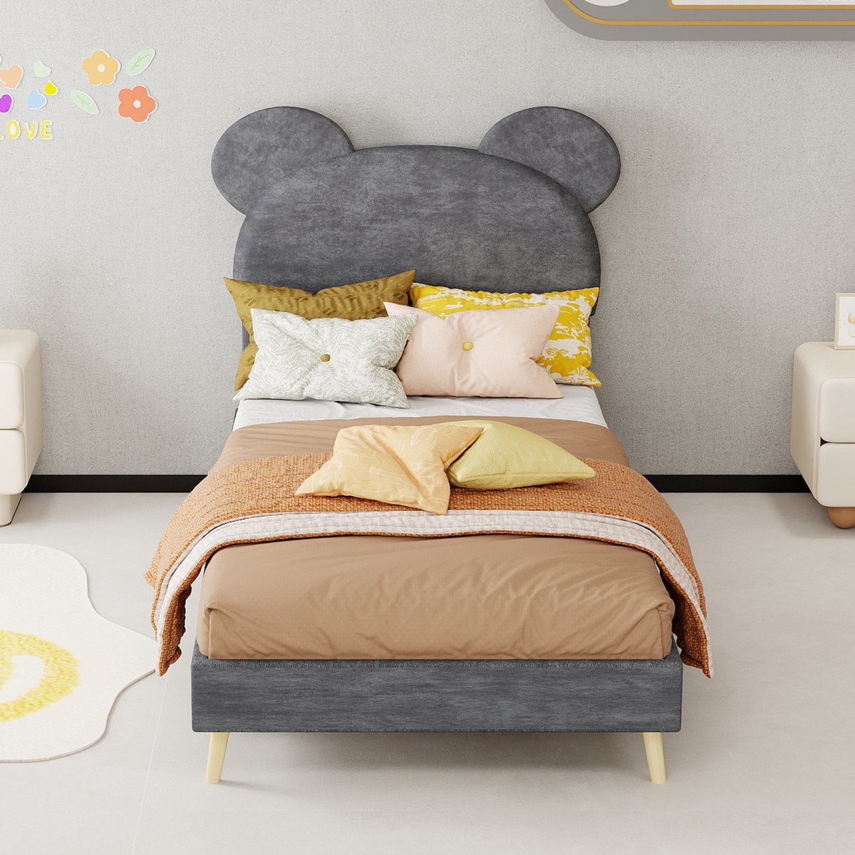 AURA LUMEN-Gestoffeerd bed-Eenpersoonsbed-90 x 200 cm-Cartoon hoofdbord-Zacht gestoffeerd-Grijs