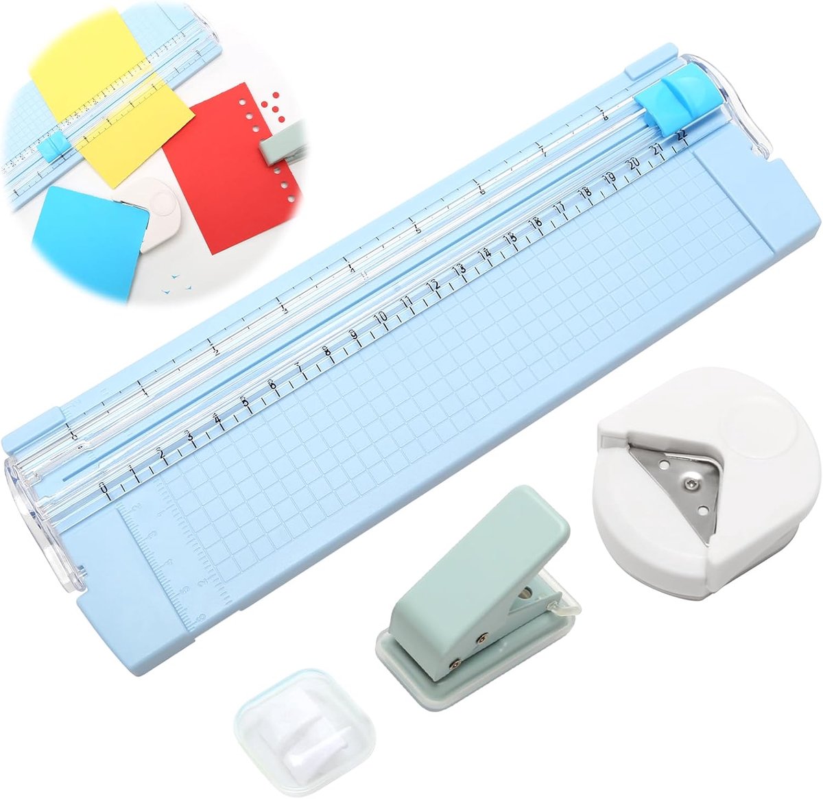 Pack of 3 paper cutters for crafts, card cutter A4, manual with spare knife, hole puncher rounded corners and holes, 1 - ShopVlot