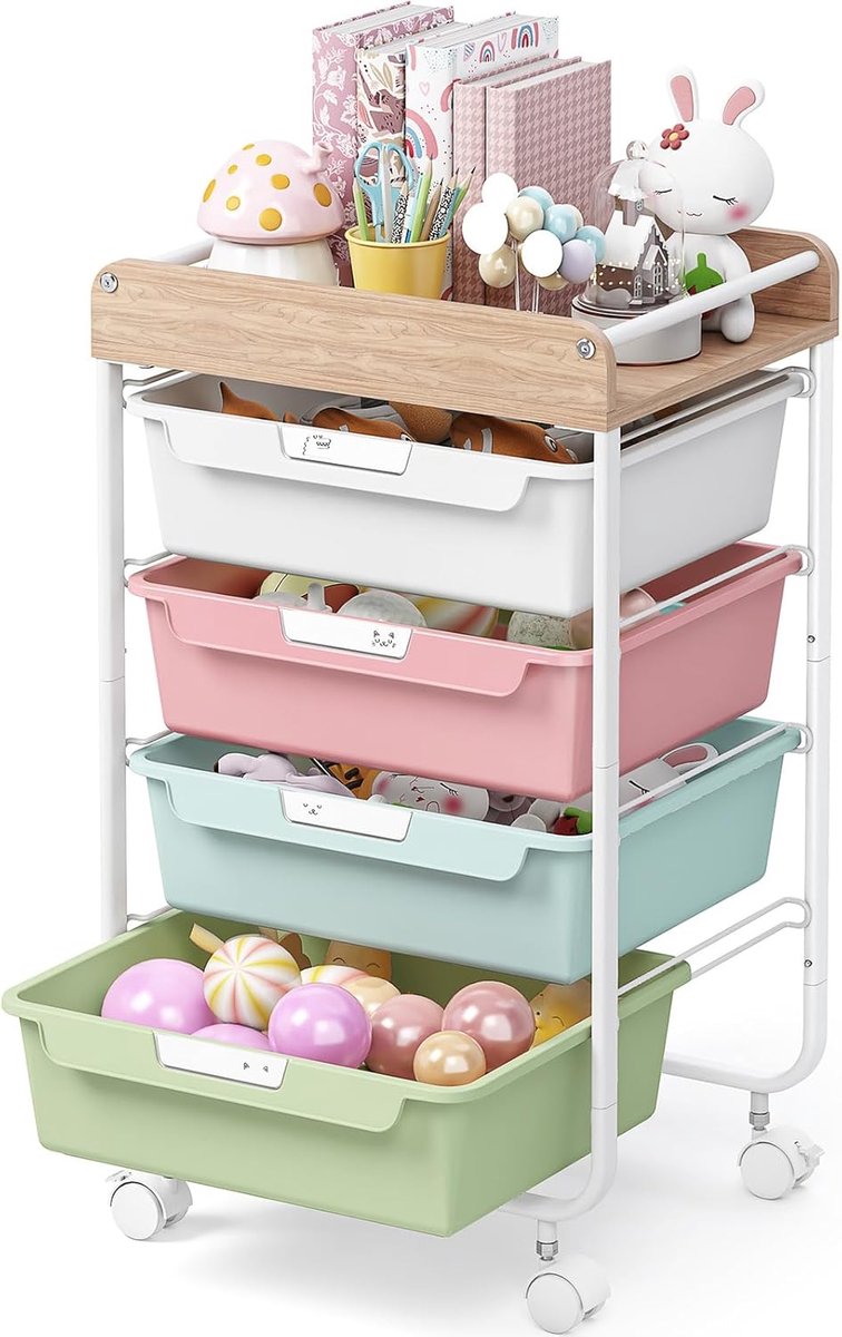 SnelShoppen - Multifunctionele Trolley met 4 Lades en Wielen, Plastic Opslagwagen met Houten Planken voor Badkamer, Keuken, Woonkamer en Kantoor in Di