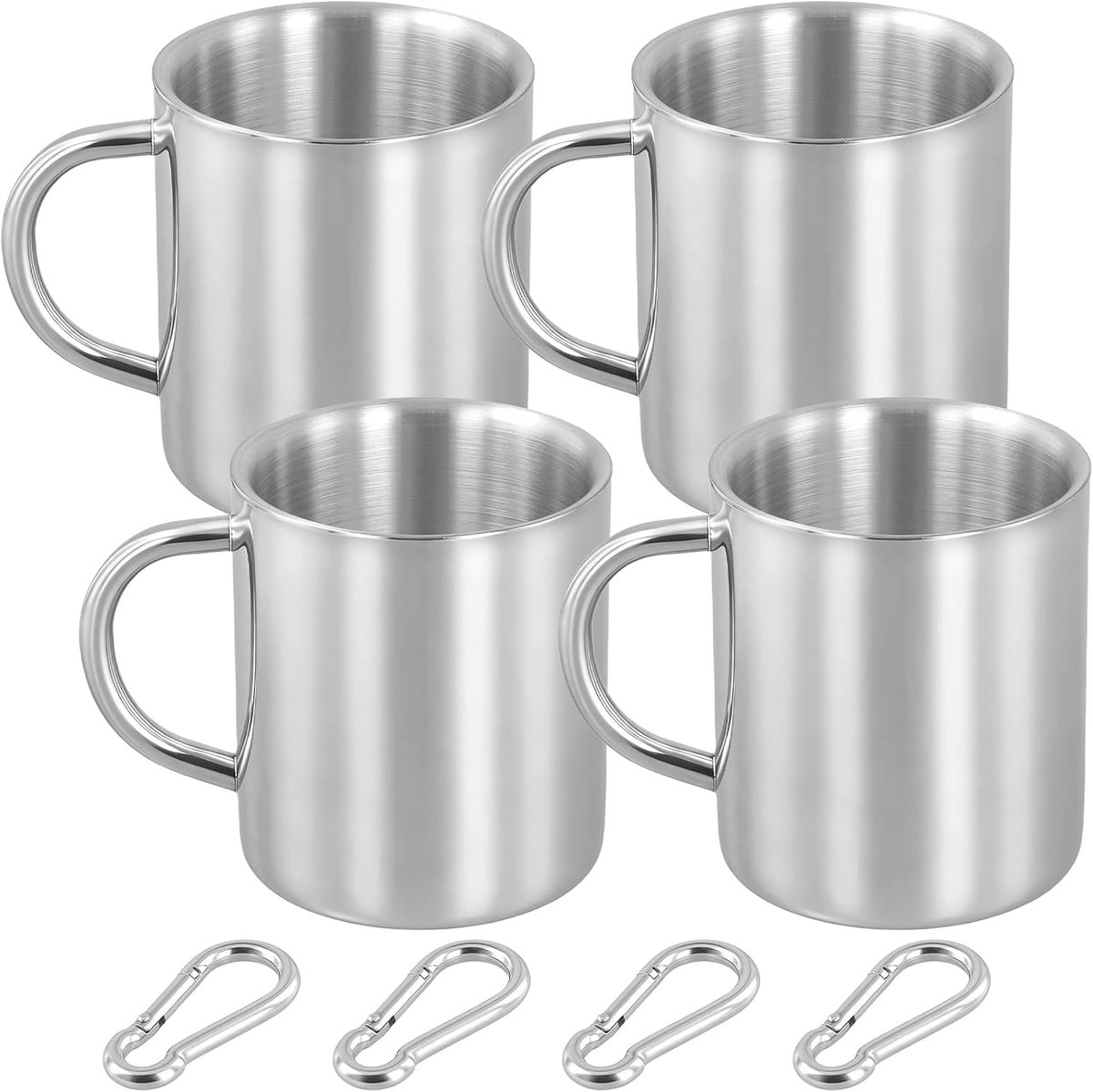 4pcs Camping Cups, 300ml Silver Stainless Steel Cups with Handle, 7.5 x 9 cm, Camping Cups with Carabiner for Outdoor - ShopVlot