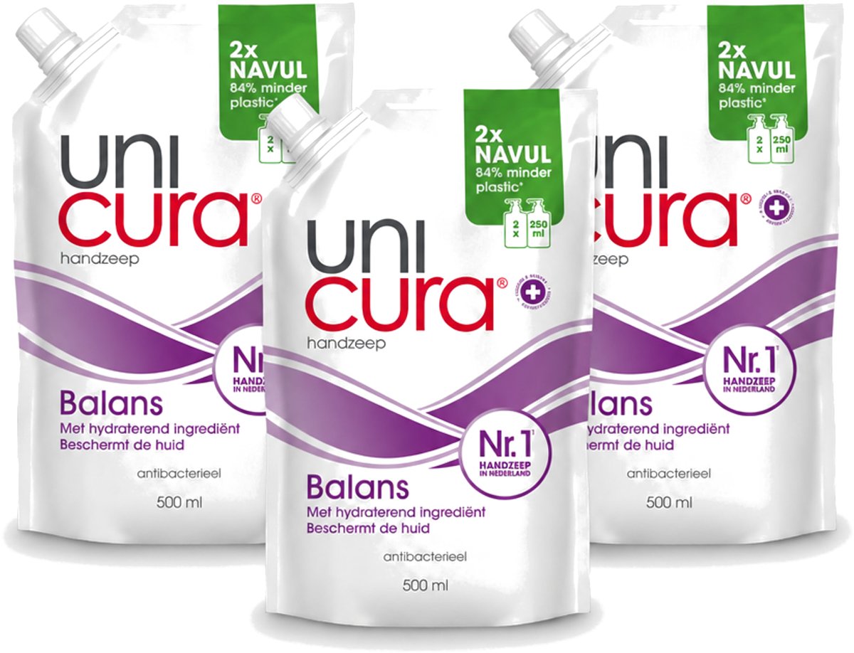 3 x Unicura – Vloeibare Handzeep Navulling – Balans – 500 ml - Voordeelverpakking - 3 stuks