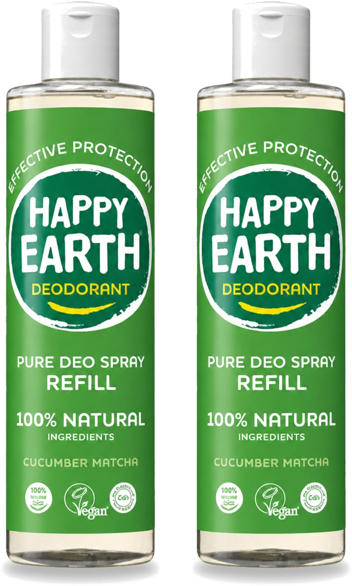 2 x Happy Earth – Deodorant Spray Navulling – 100% Natuurlijk Cucumber Matcha – 300 ml - Voordeelverpakking - 2 stuks