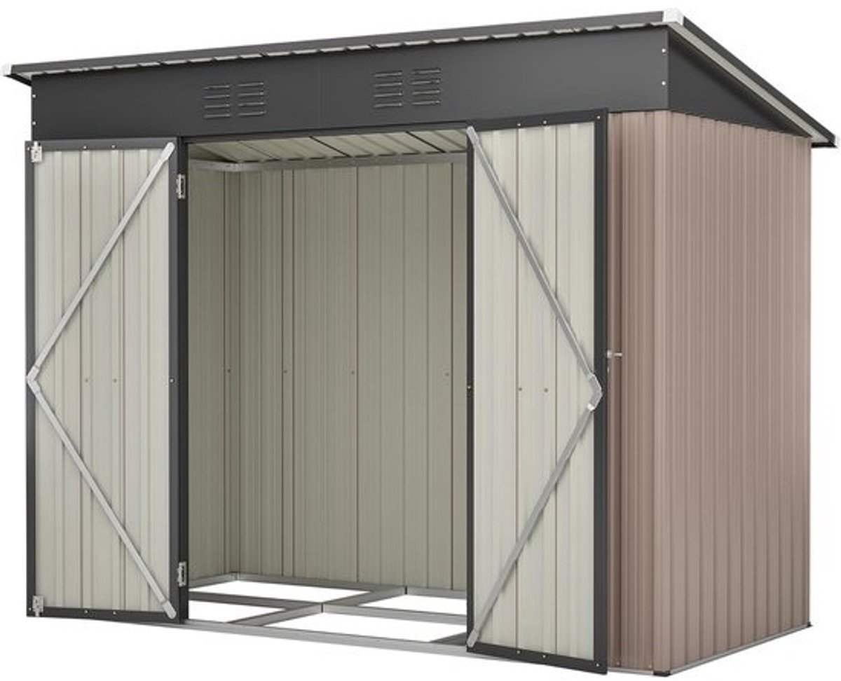 Metalen tuinhuis - Outdoor gereedschapsschuur - Tuinspullen opbergen - Waterdicht dak met ventilatie - 242 x 126 x 182 cm - Bruin