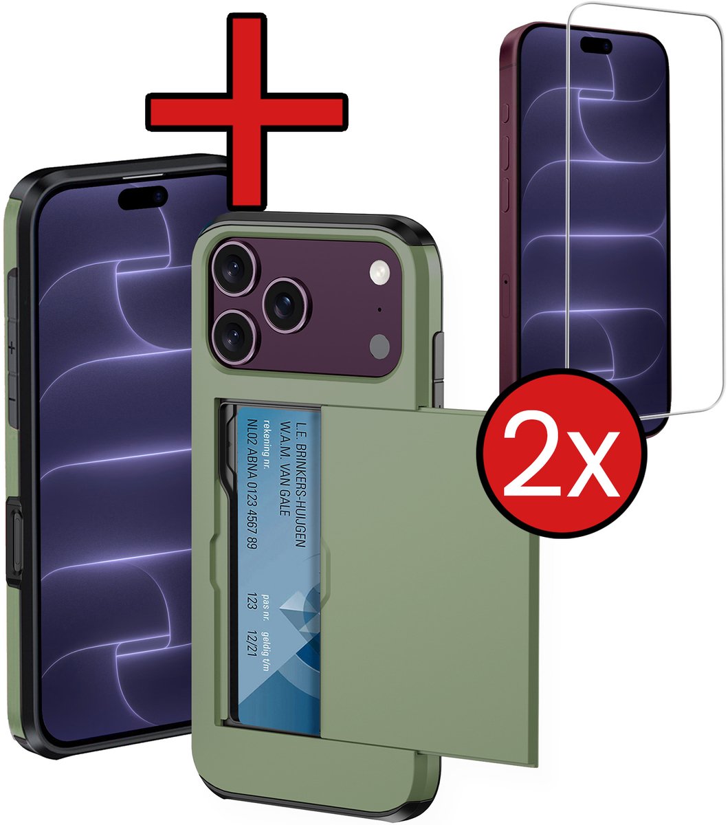 Hoesje Geschikt voor iPhone 18 Pro Max Hoesje Met Pasjeshouder Hard Case Met Kaarthouder Met 2x Screenprotector - Hoes Geschikt voor iPhone 18 Pro Max Hoesje Pashouder Case - Donkergroen