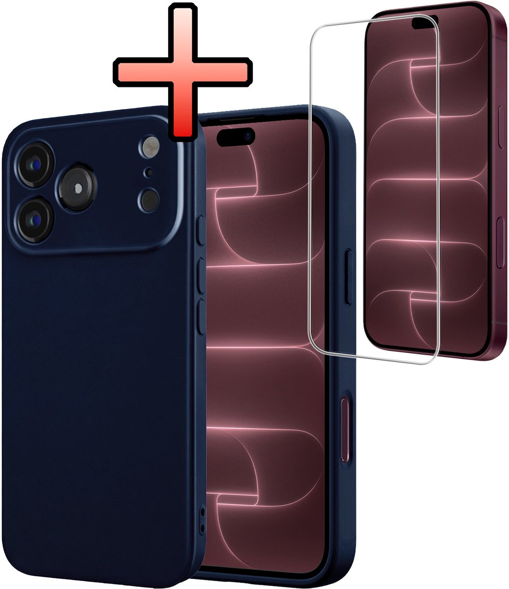 Hoesje - Met Screenprotector - Geschikt voor Apple iPhone 18 Pro - Sterk & Shockproof - Back Cover - Siliconen Case - Telefoon Hoes - Donkerblauw