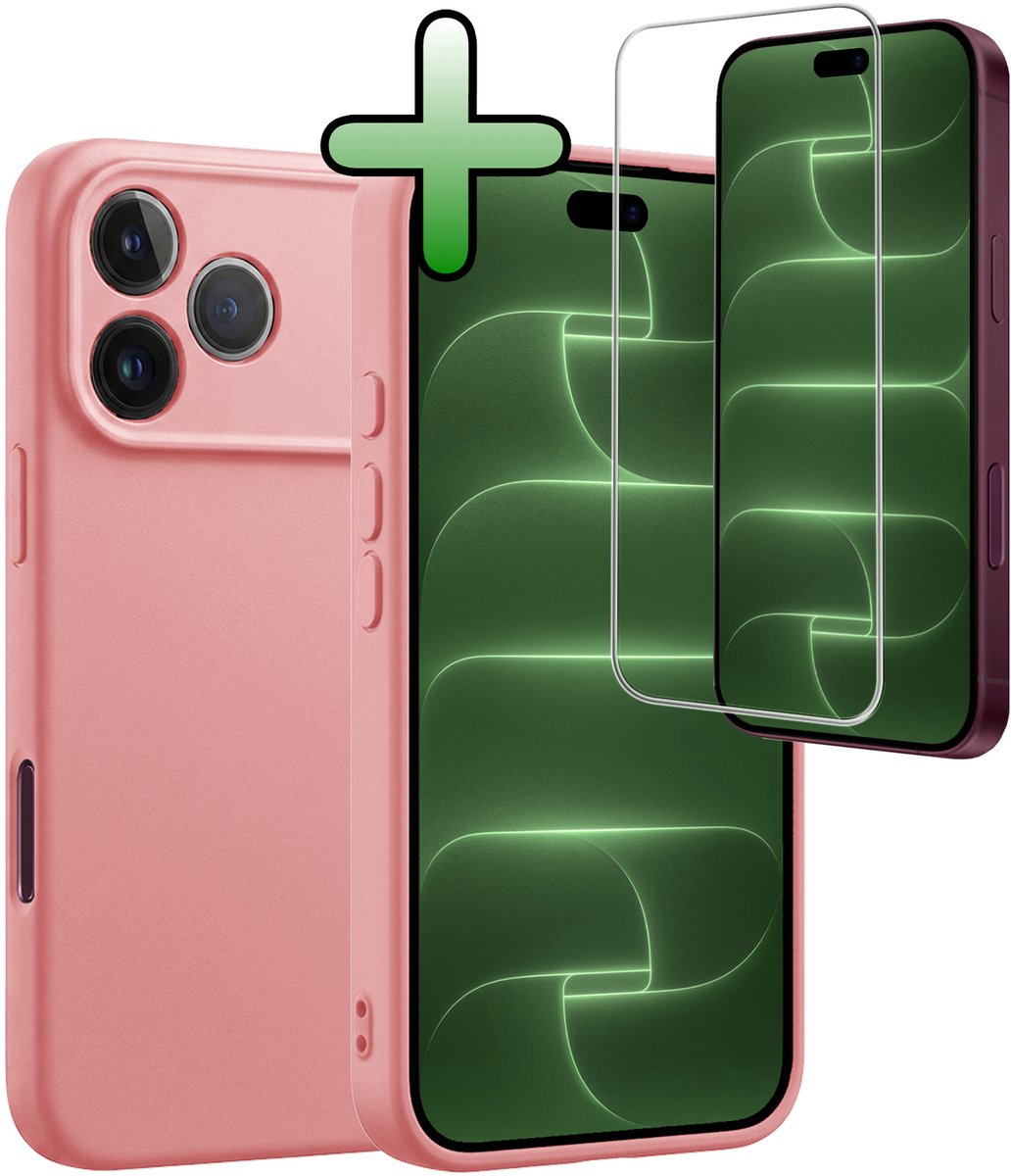 Hoesje Met Screenprotector - Geschikt voor Apple iPhone 18 Pro Max - Sterk & Shockproof - Back Cover - Siliconen Case - Telefoon Hoes - Lichtroze