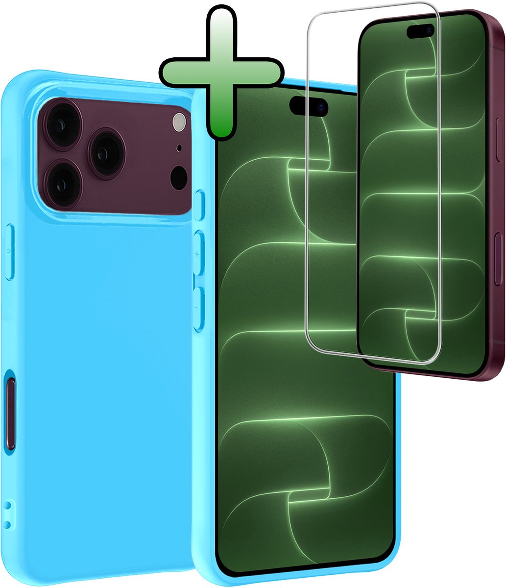 Hoesje Met Screenprotector - Geschikt voor Apple iPhone 18 Pro - Sterk & Shockproof - Back Cover - Siliconen Case - Telefoon Hoes - Lichtblauw