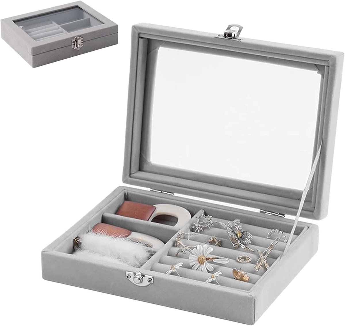 Groot fluwelen sieradenkistje met afneembaar design, perfect als make-uptafel-organizer en reisopberger voor sieraden en accessoires