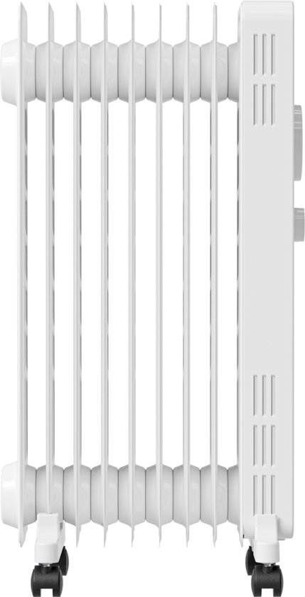 Zijaanzicht van een witte staande olieradiator met wieltjes.