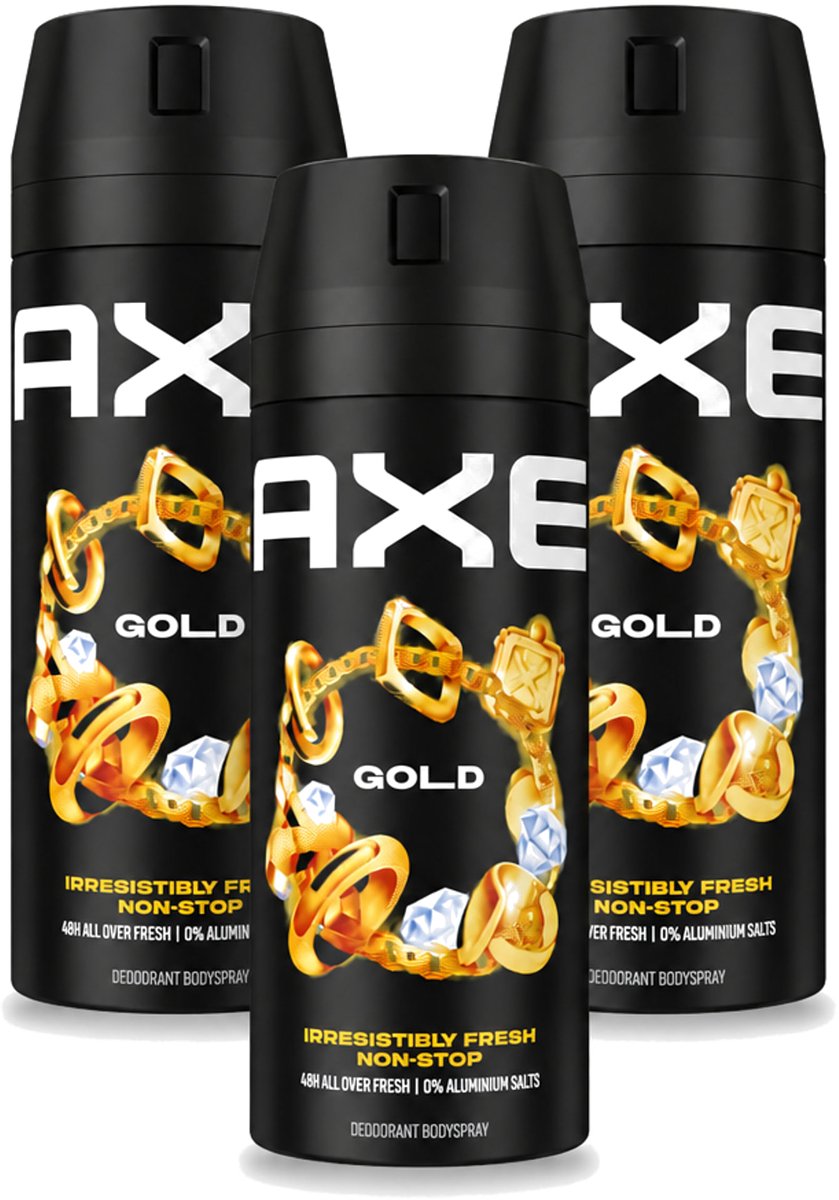 3 x Axe - Deodorant Bodyspray - 48hrs Fresh - Gold - Oud Wood & Fresh Vanilla - 150 ml - Voordeelverpakking - 3 stuks