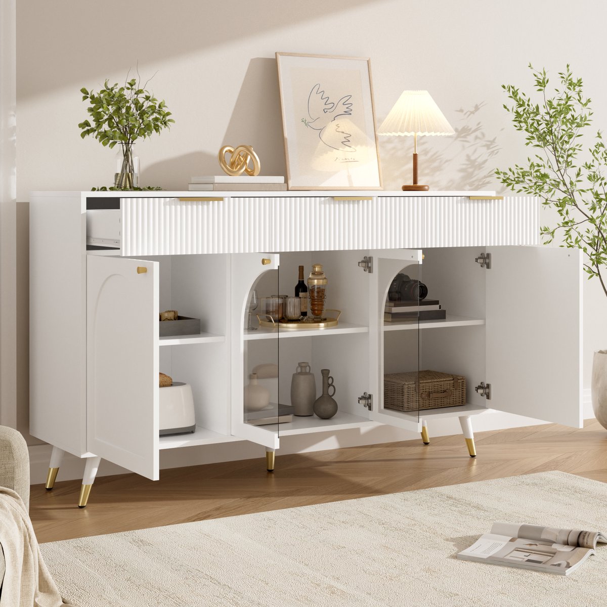 MIVRAY Dressoir - Vier Deuren En Drie Laden - Voor Woonkamer En Eetkamer - MDF En Spaanplaat - 140x40x85,5 Cm - Wit