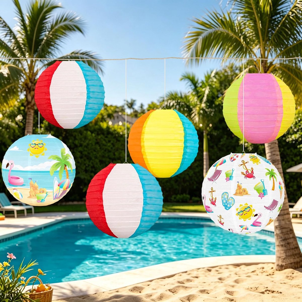 6 stuk zomer zwembad feest strandbal papierlantaarns bont hangend - ShopVlot