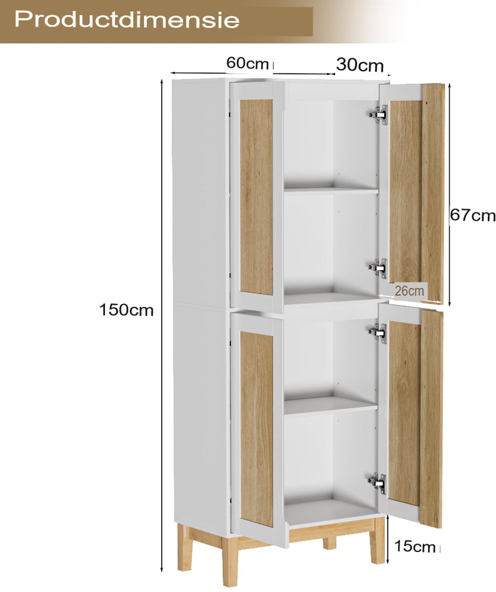Hoge kast van UEV met 4 deuren, keukenkast, badkamerkast, multifunctionele kast, archiefkast met verstelbare plank, veelzijdig te gebruiken in hal, keuken, bijkeuken, 60x30x150cm, wit + naturel