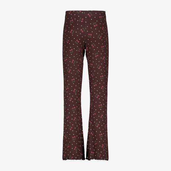 Roodbruine flared broek met kersenpatroon, witte stippen, ribbelstructuur en een gegolfde zoom.