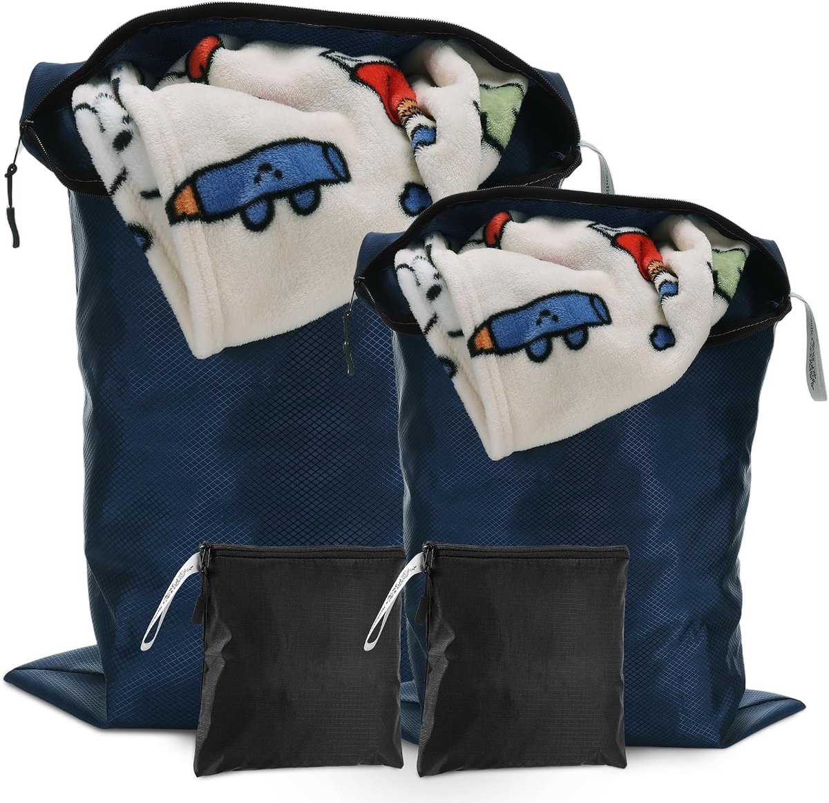 Vouwbare waszakken voor vuile kleding - 4 stuks, herbruikbare en waterdichte tasjes met rits voor zwemmen, yoga en reizen - ideaal voor gezinsvakanties en sportactiviteiten (Blauw & Zwart)